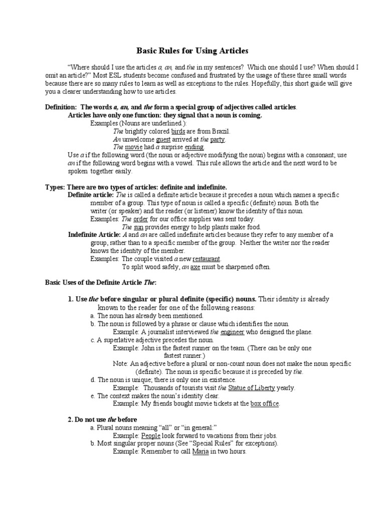 Basic Rules For Using Articles A | PDF | Noun | Adjective