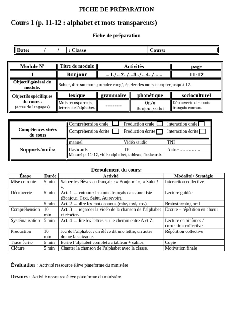 Fiche de préparation cours de français | PDF | Communication humaine ...