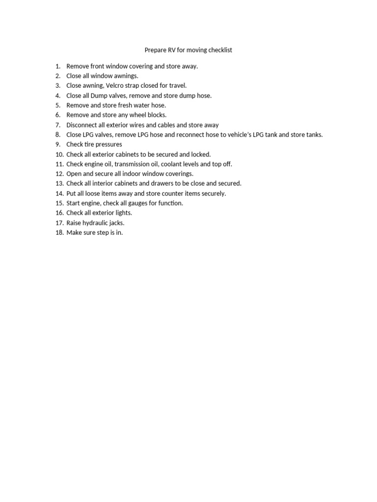 RV Moving Preparation Checklist | PDF