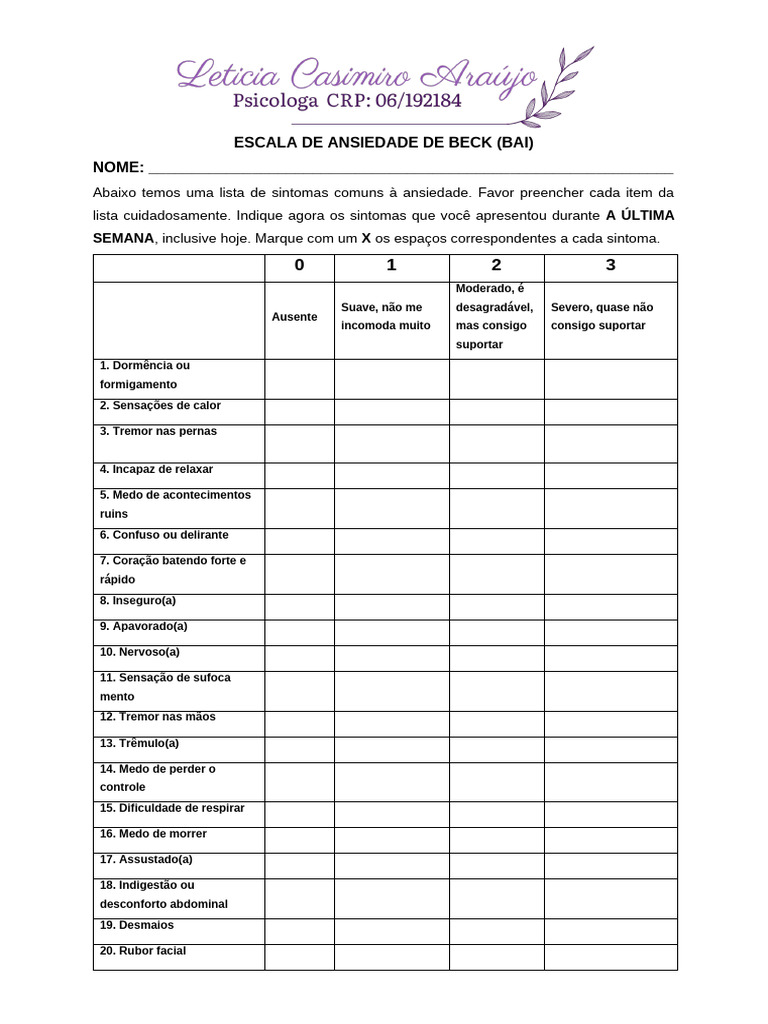Escala de Ansiedade de Beck (BAI) | PDF