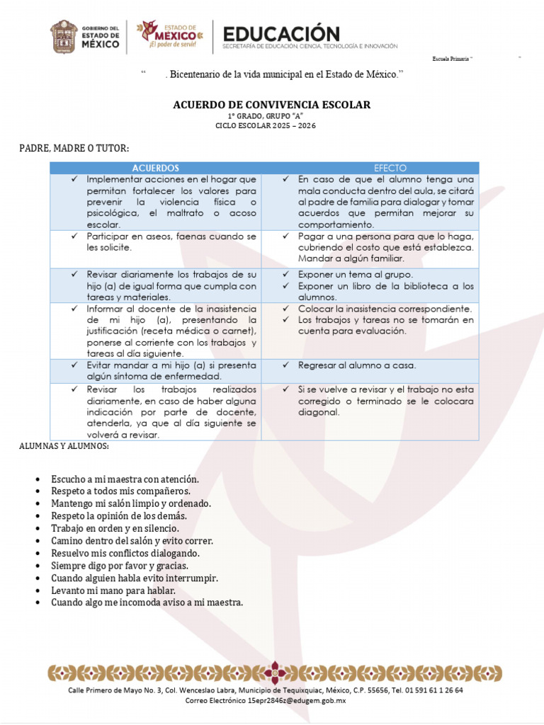 Acuerdo de Convivencia Escolar 1° A 2025 | PDF