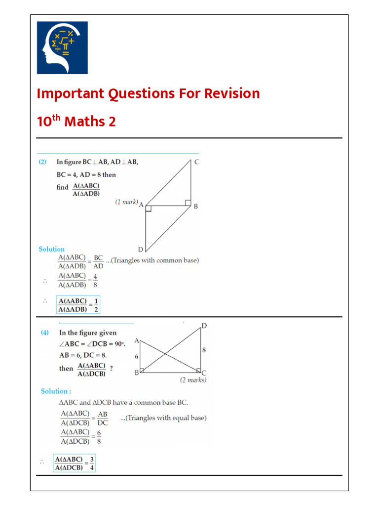 Essential Revision Questions for 10th Maths | PDF