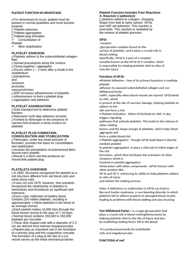 Platelet Functions in Hemostasis | PDF | Platelet | Coagulation