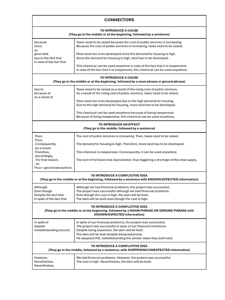 Cause and Effect Connectors Guide | PDF | Sentence (Linguistics) | Phrase