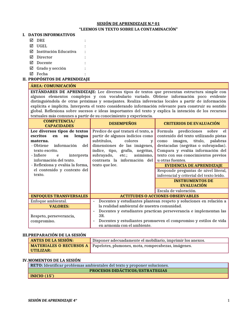 Semana 1 Sesiones de Aprendizaje 4° Grado - Junio | PDF | Evaluación ...
