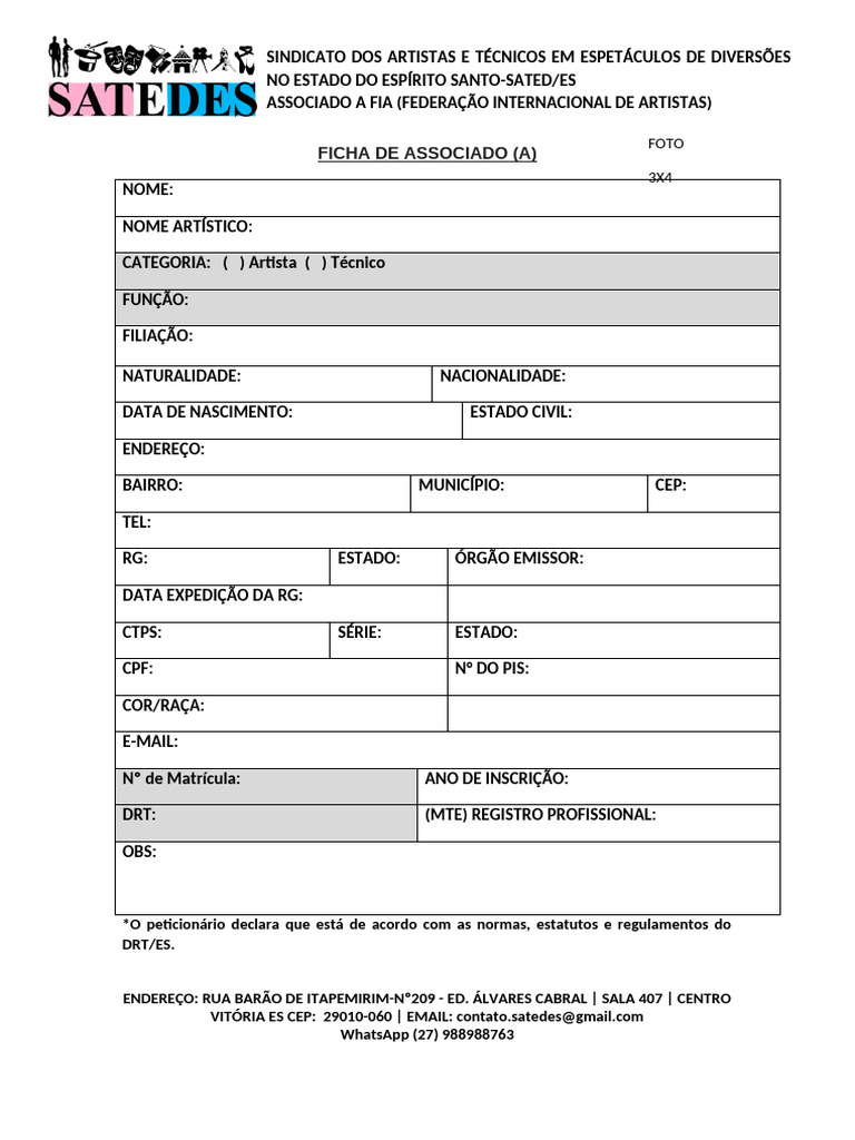 Ficha de Associado SATED/ES | PDF