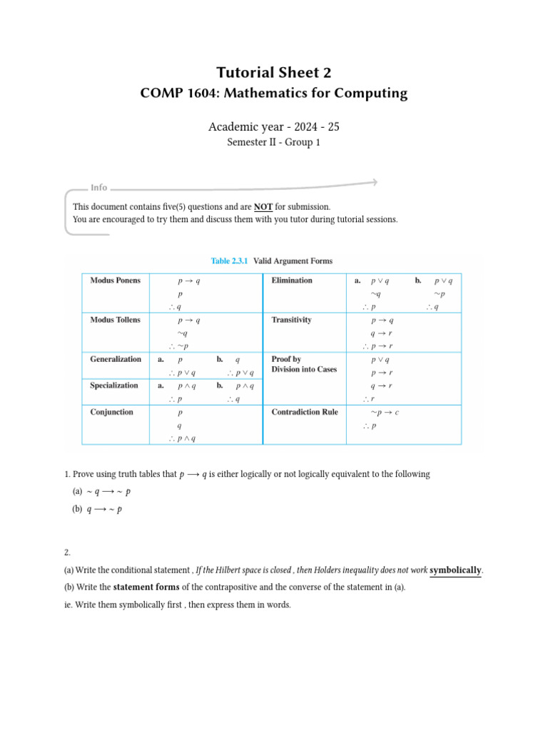 COMP 1604 Logic Tutorial Questions | PDF | Argument | Logical Consequence