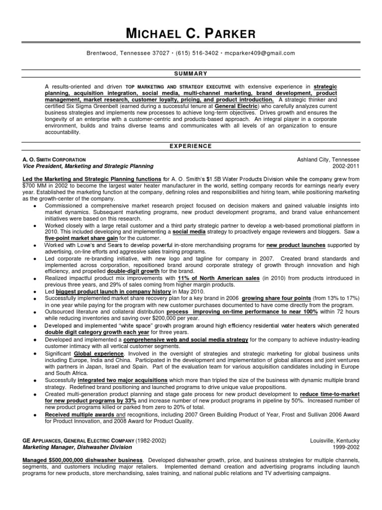 CMO VP Marketing CPG in Nashville TN Resume Michael Parker | PDF ...