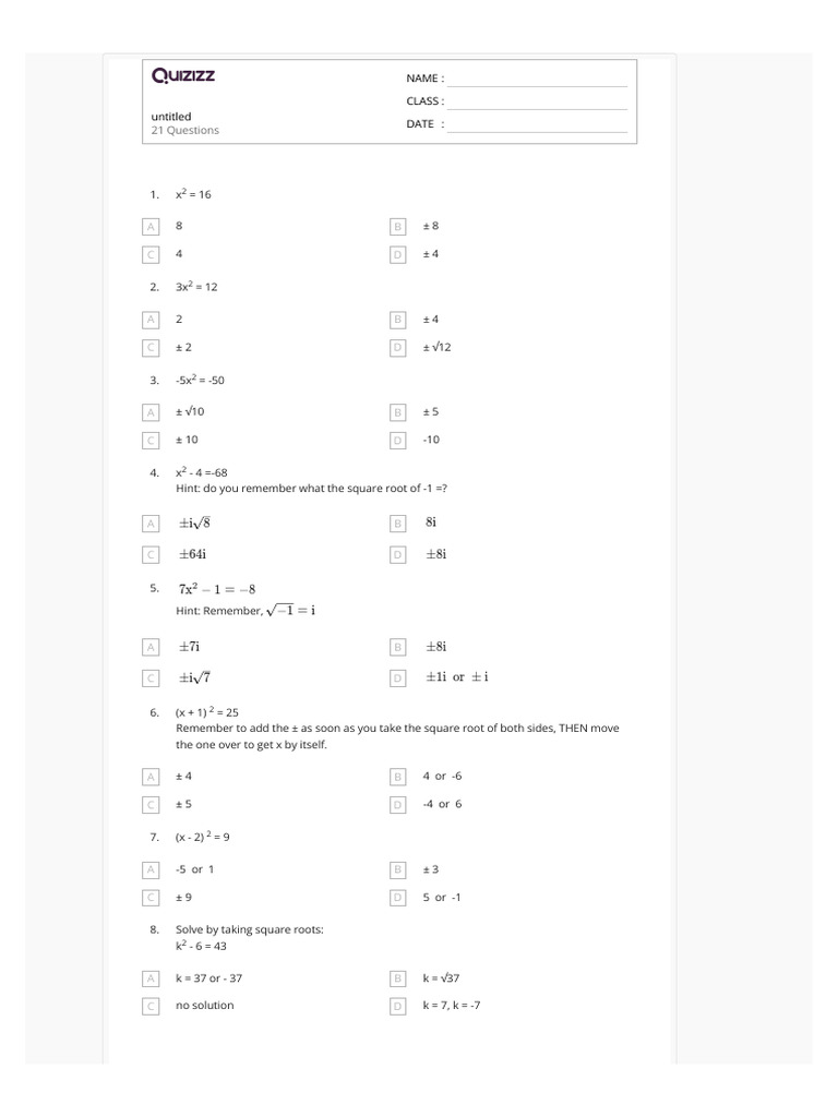 04.a 2.1 Use Square Root To Solve Quadratic Equations | PDF | Chess ...