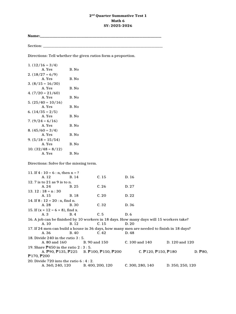Math 6 Proportions Test Q2 2025-2026 | PDF