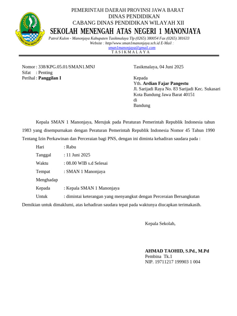 Panggilan Kehadiran untuk Keterangan Perceraian | PDF