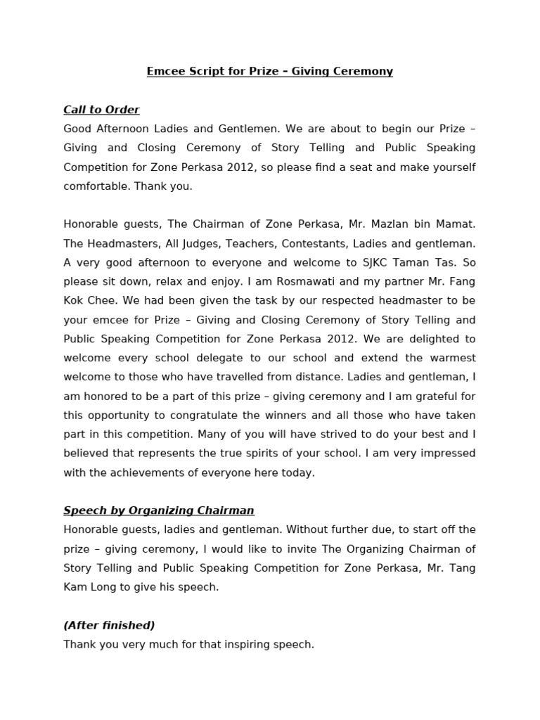 Closing Script for Prize Ceremony | PDF