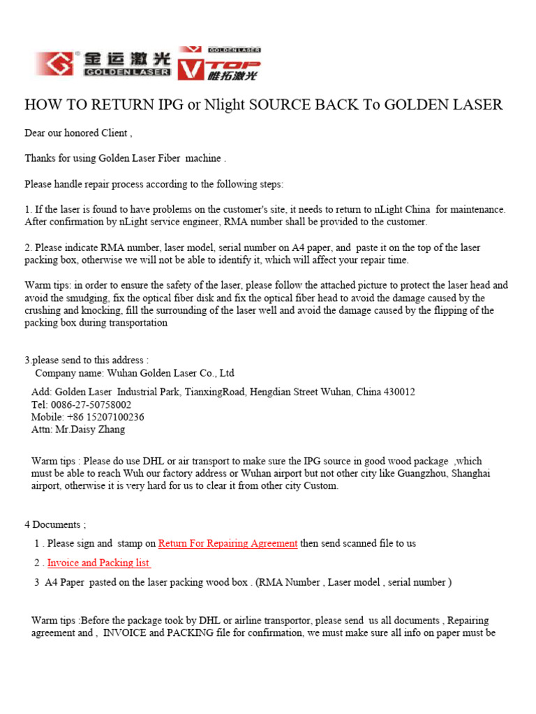 How To Return Laser Source Back To China | PDF