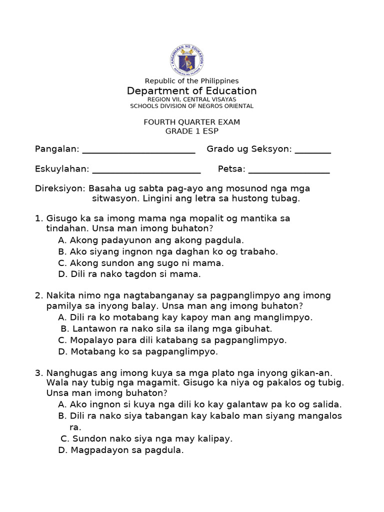 NegOr EsP1 Assessment Q4 | PDF