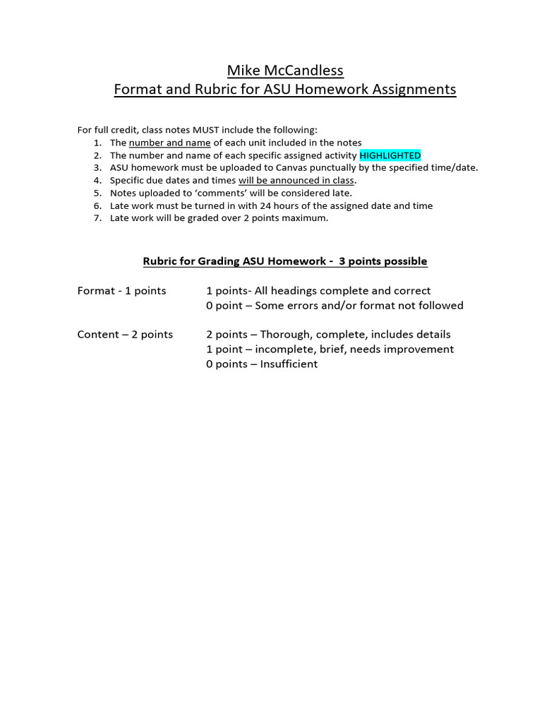 ASU Homework Format and Grading Rubric | PDF