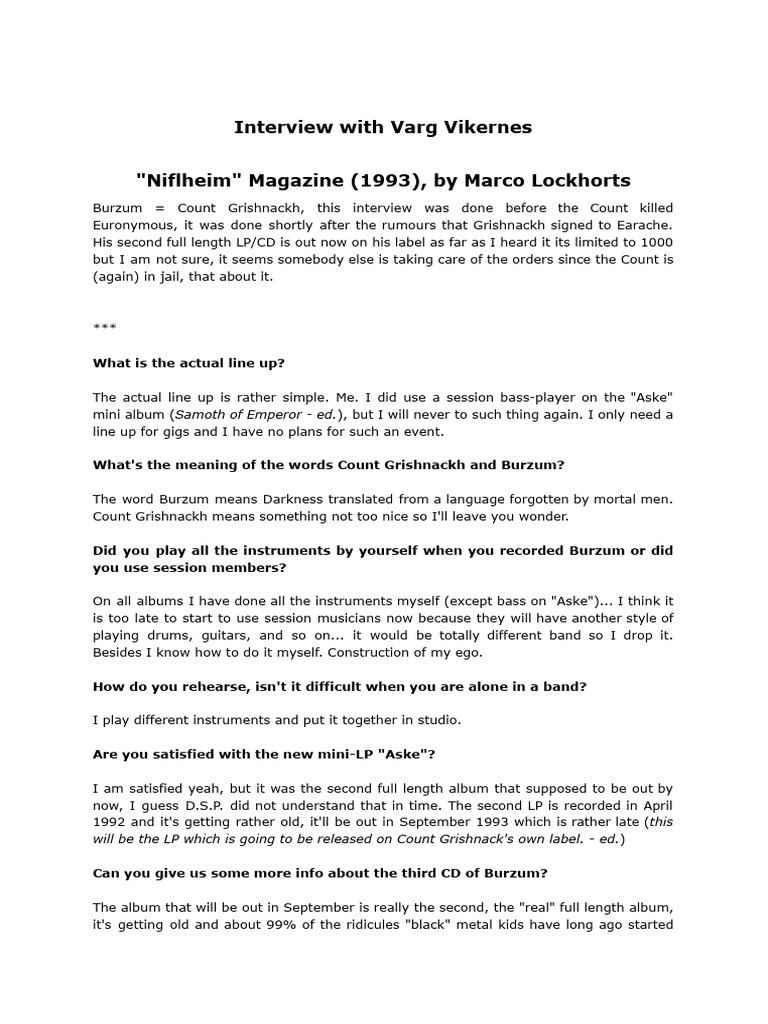 Varg Vikernes Interview (1993) | PDF | Recorded Music | Rock Albums