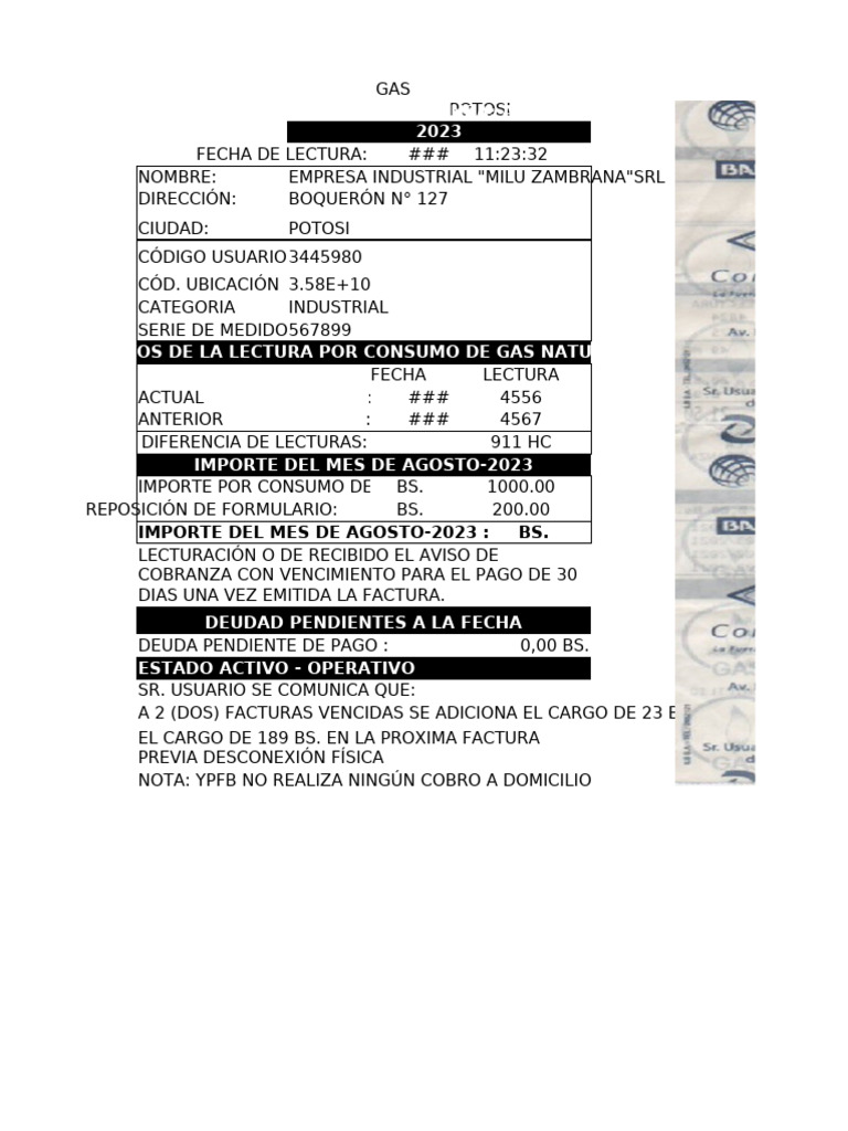 Factura de Gas Natural - Agosto 2023 | PDF
