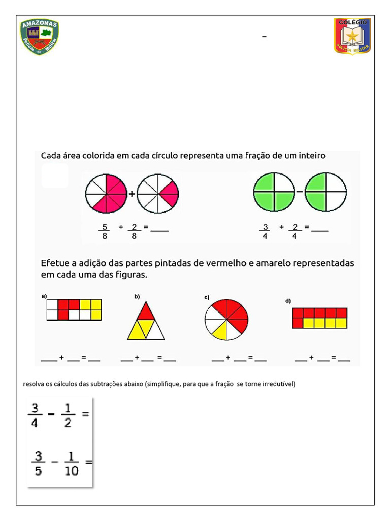 7ª Atividade - Adição e Subtração de Fração Com Denominadores Iguais e ...