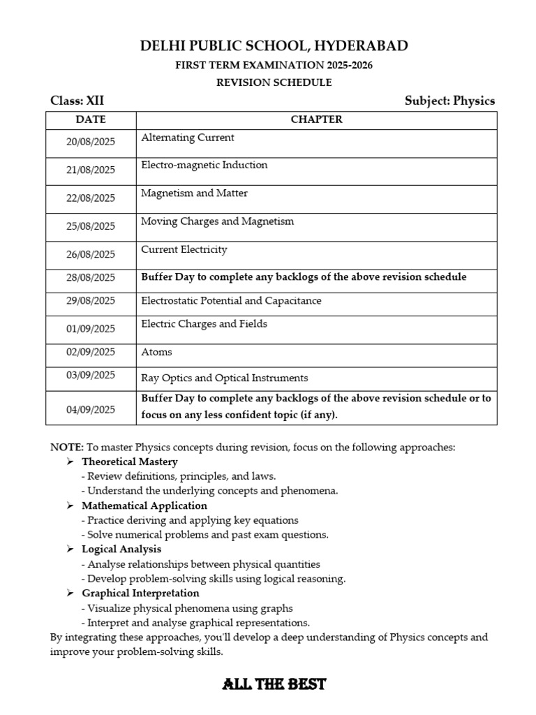 Class 12 Physics Revision Schedule First Term Exam 2025-2026 | PDF