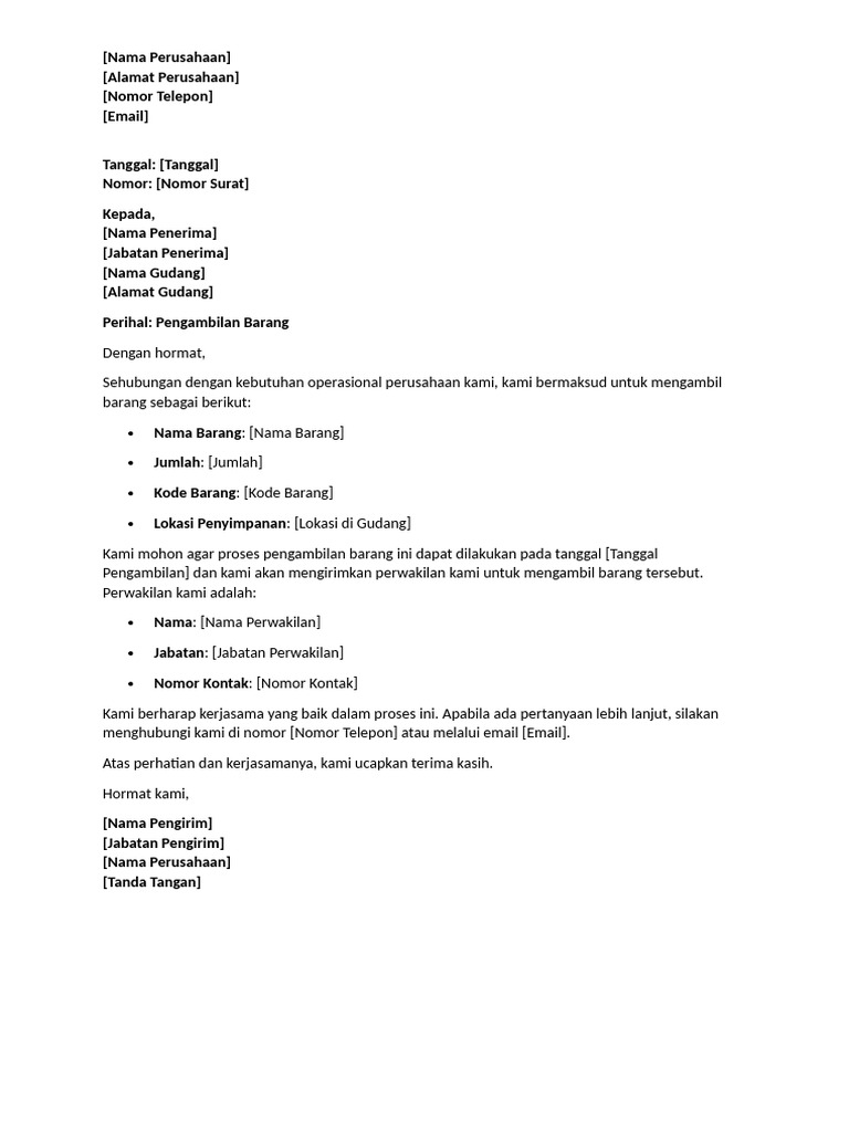 Contoh Surat Pengambilan Barang Di Gudang | PDF