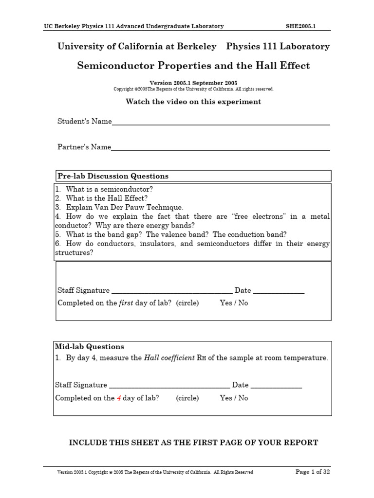 UC Berkeley Physics 111 Lab: Hall Effect | PDF | Electrical Resistivity ...