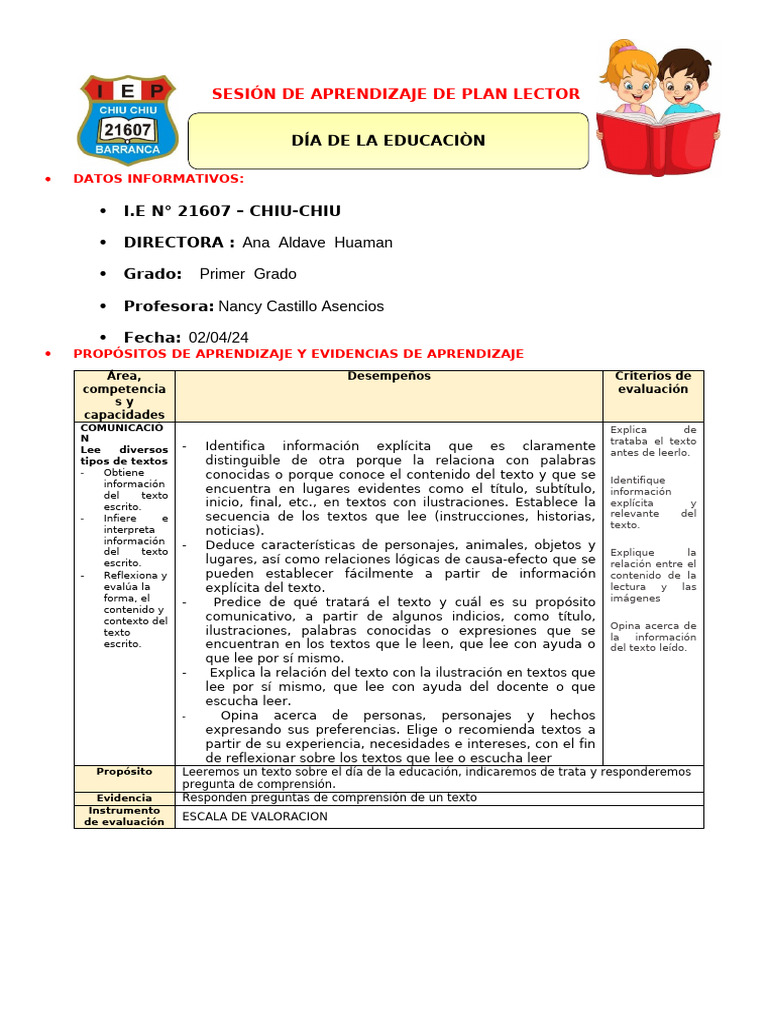 1 Sesion de Plan Lector Dia de La Educacion | PDF | Aprendizaje ...
