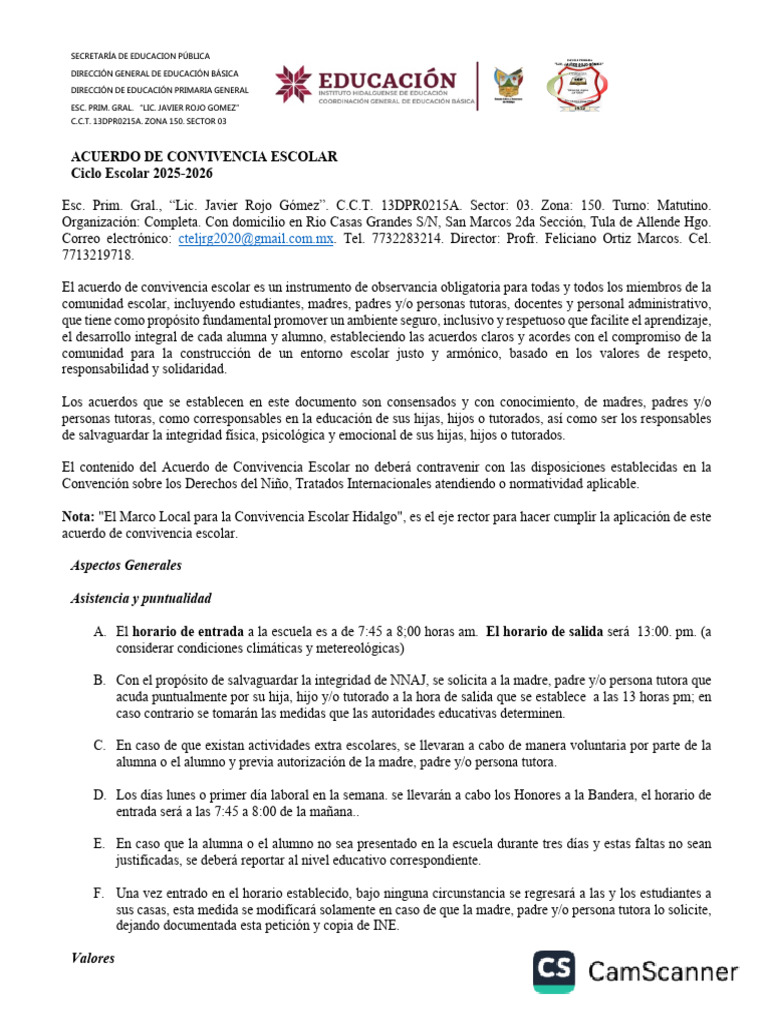 Acuerdo de Convivencia Escolar 2025-2026 | PDF | Escuelas | Cuidado de ...