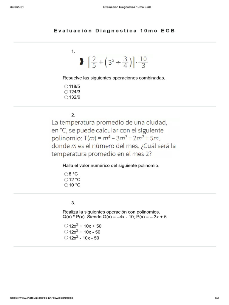 Evaluación Diagnóstica Matemáticas 10mo EGB | PDF | Álgebra | Matemáticas