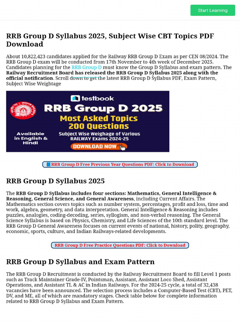 RRB Group D Syllabus 2025, Subject Wise CBT Topics PDF Download | PDF