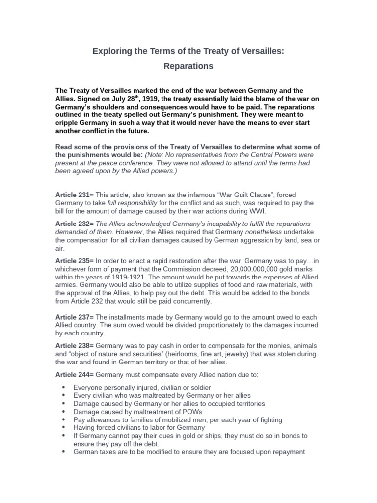 Treaty of Versailles - Reparations 2 | PDF | World War I Reparations ...