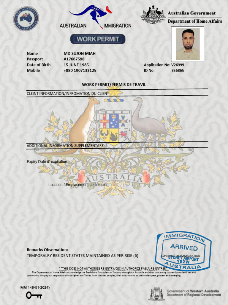 Australia Work Permit for Sujon Miah | PDF | Australia | Government And ...
