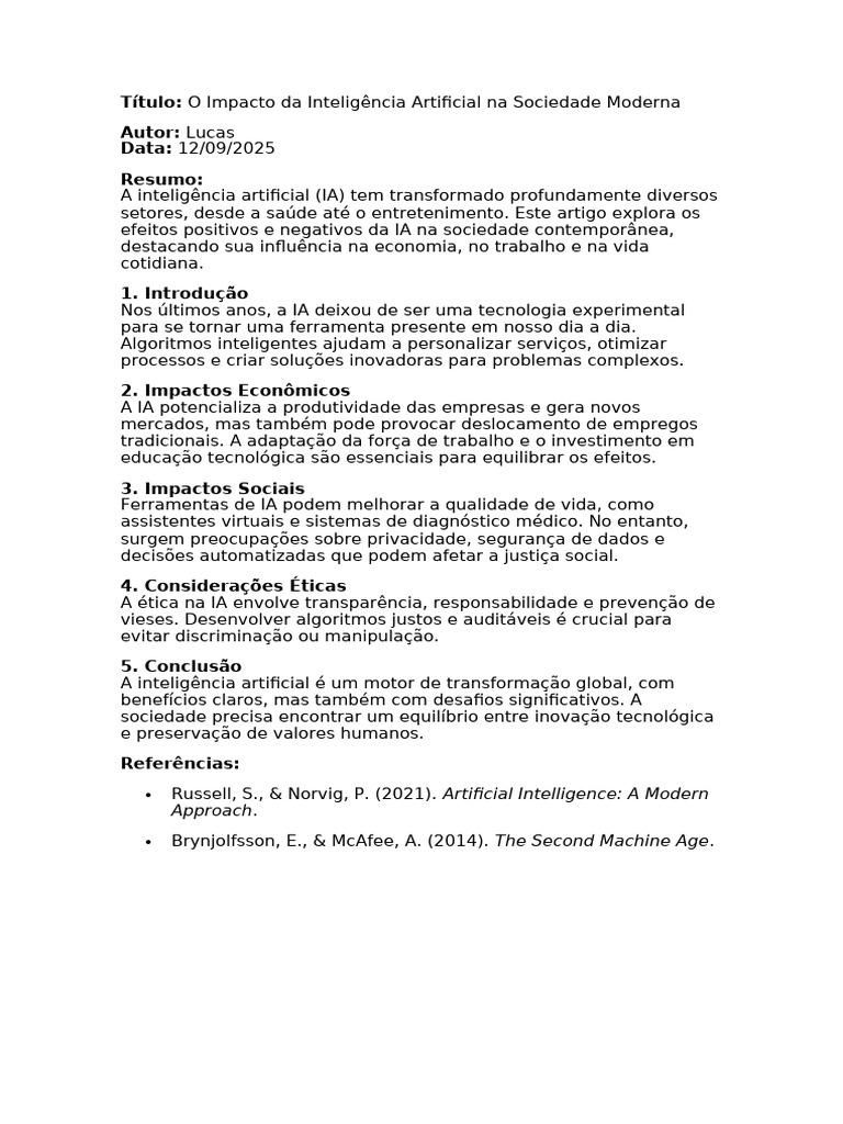 Impactos da IA na Sociedade Moderna | PDF