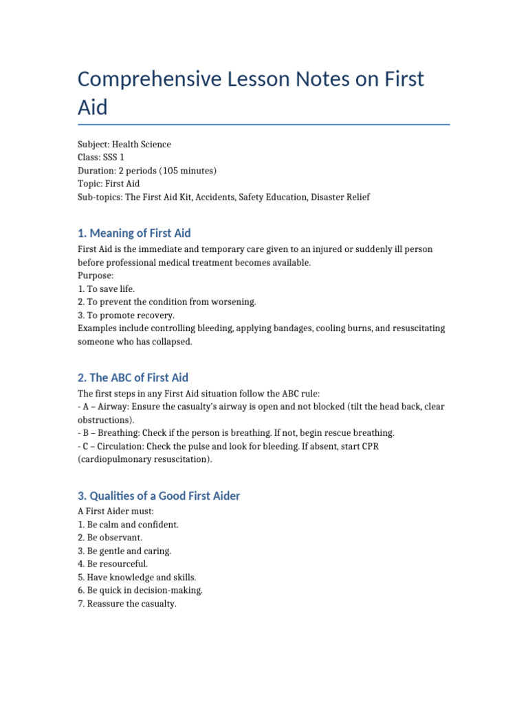 First Aid Lesson Notes With Diagrams | PDF | First Aid | Medical ...