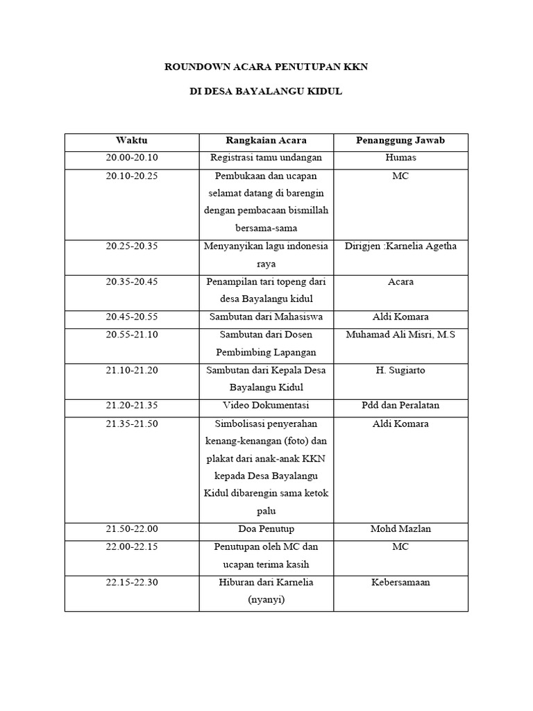 Rundown Acara Penutupan KKN Bayalangu | PDF