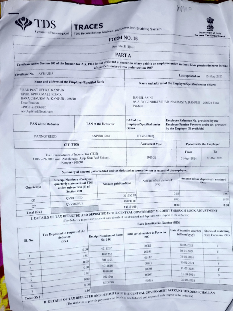 Form 16 Certificate for AY 2025-26 | PDF | Tax Deduction | Salary