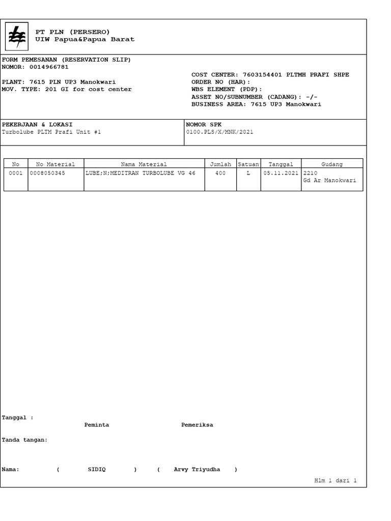 Form Pemesanan Turbolube PLN Manokwari | PDF