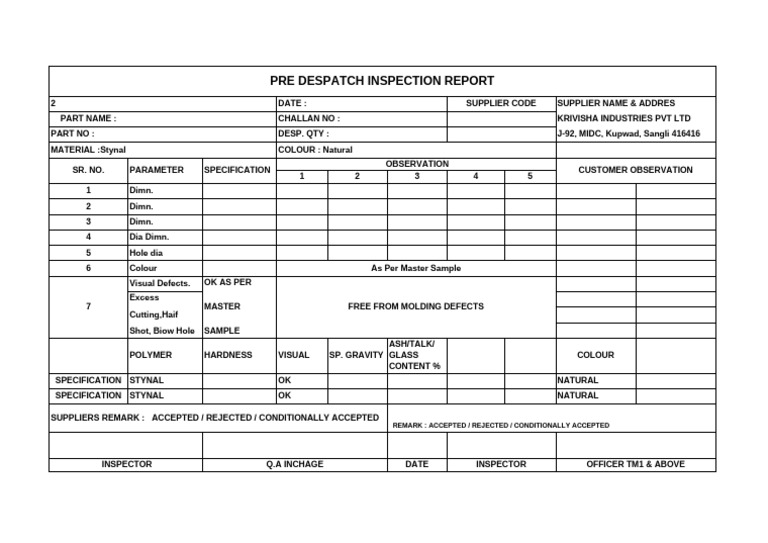 Pre-Despatch Inspection Report | PDF