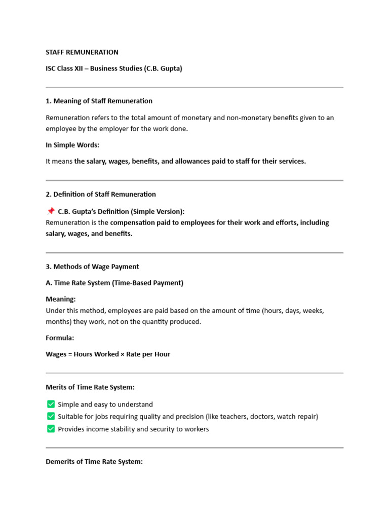 Staff Remuneration Short Notes | PDF | Wage | Piece Work