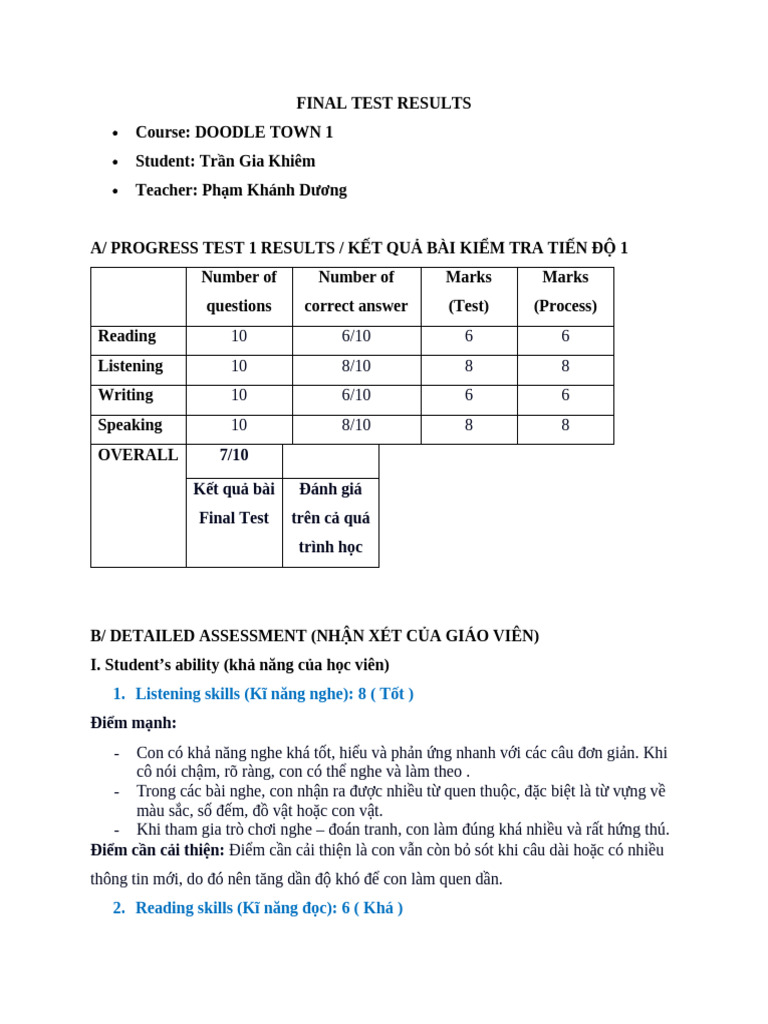 Result Test - Minh Khang | PDF