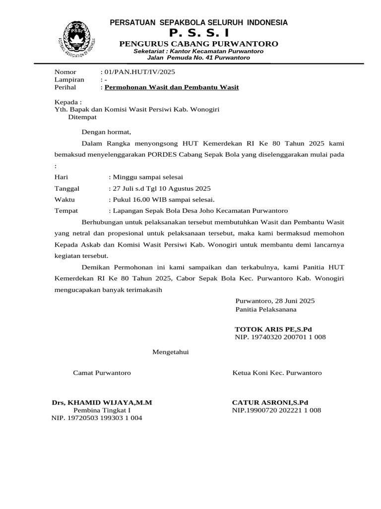 Permohonan Wasit PORDES Sepak Bola 2025 | PDF