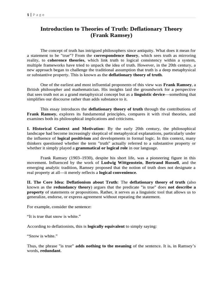 Theories of Truth Deflationary Theory (Frank Ramsey) | PDF | Truth | Logic