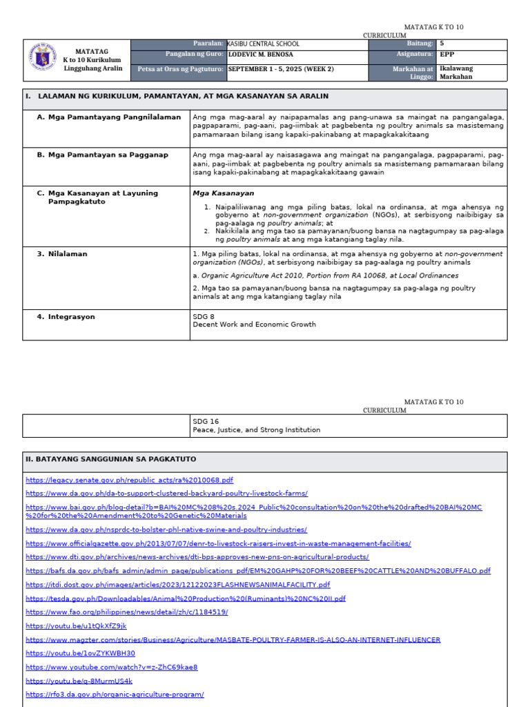 DLL Matatag - Epp 5 q2 w2 | PDF