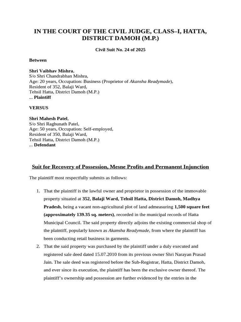 Civil Suit for Property Recovery in Hatta | PDF | Lawsuit | Private Law