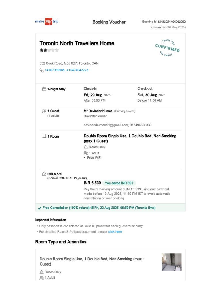 Double Room Booking Details - Toronto | PDF | Credit Card | Fee