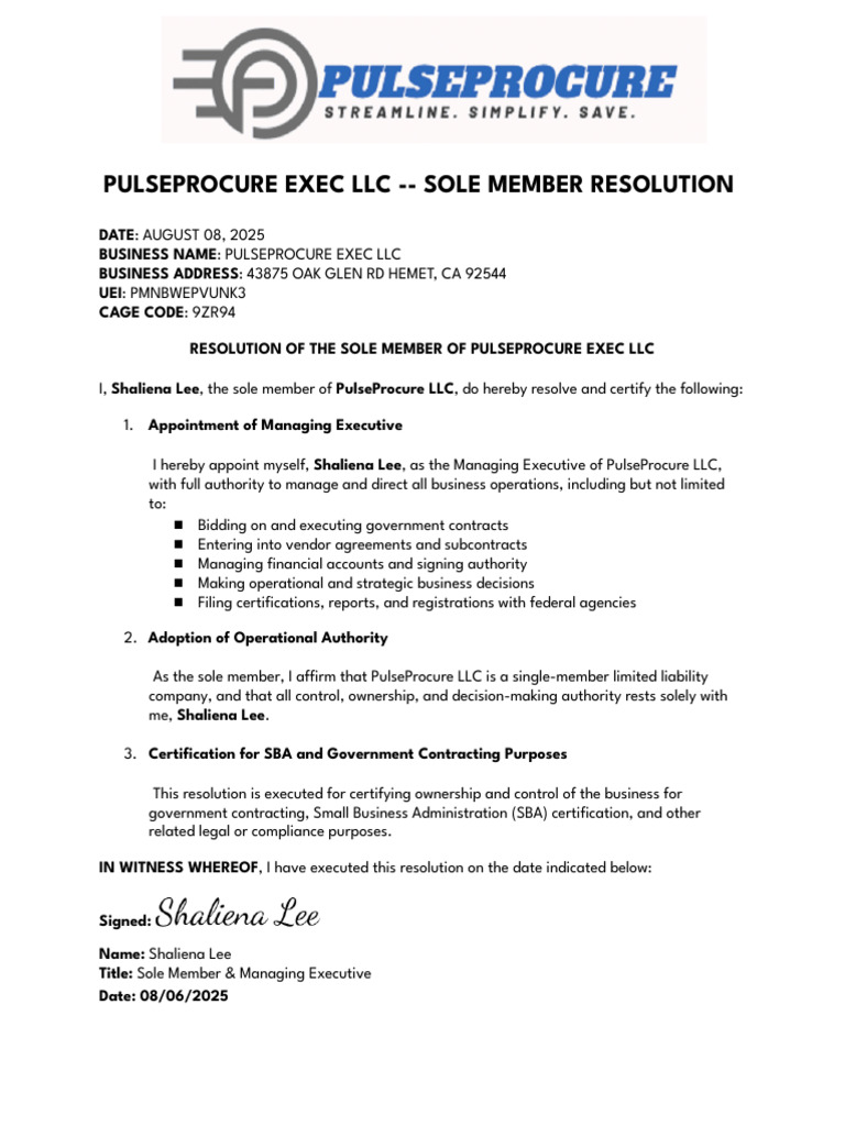 Sole Member Resolution for PulseProcure LLC | PDF
