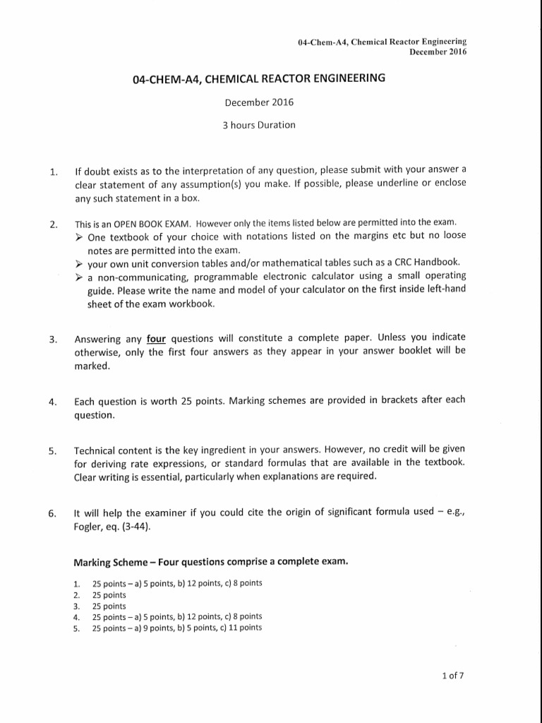 Chemical Reactor Engineering Exam Guide | PDF | Chemical Reactor ...