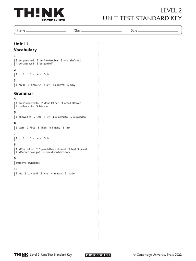 Level 2 Unit Test Standard Key | PDF