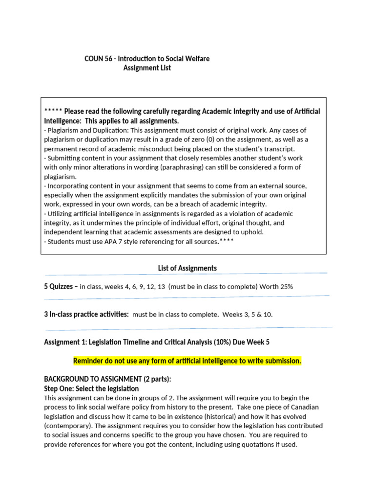 Social Welfare Assignment Overview | PDF | Plagiarism | Academic Integrity