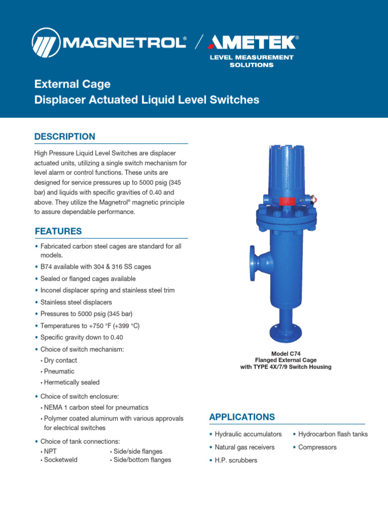 High Pressure Liquid Level Switches | PDF | Switch | Actuator