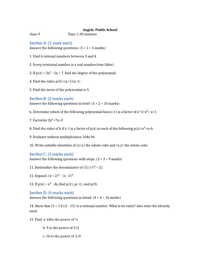Class 9 Math Exam Questions and Solutions | PDF
